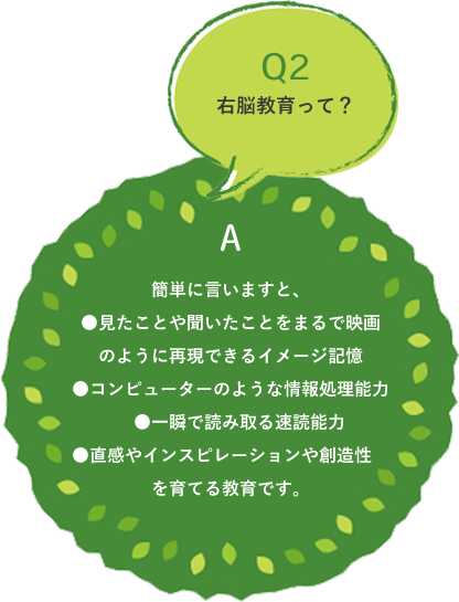 Q2 右脳教育って? 簡単に言いますと、●見たことや聞いたことをまるで映画のように再現できるイメージ記憶 ●コンピューターのような情報処理能力 ●一瞬で読み取る速読能力 ●直感やインスピレーションや創造性を育てる教育です。